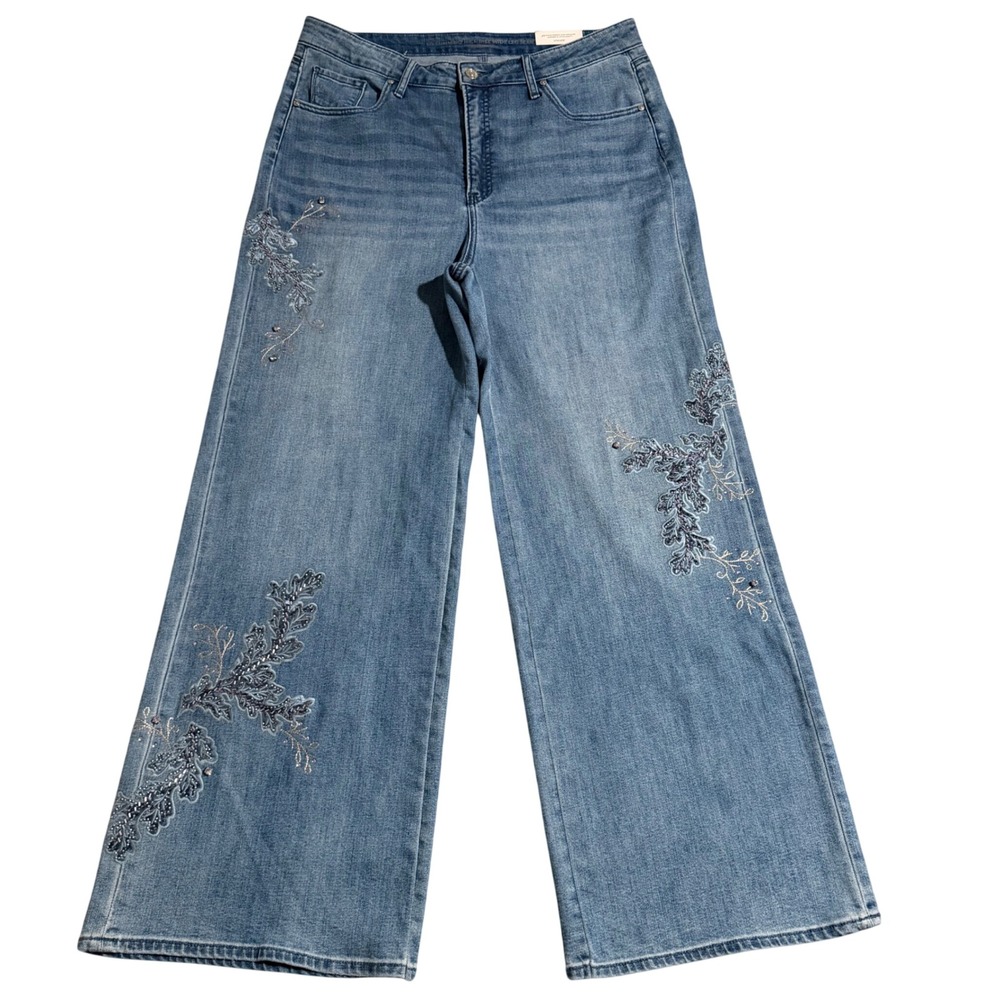 Chicos So Slimming Embroidered Wide Leg Jeans Meera Indigo Size 3R Bohemian NEW